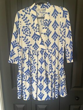 Zara White Dress with Blue Floral Motif